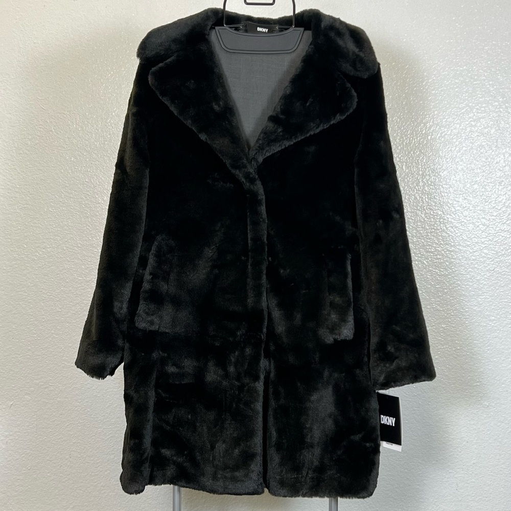 DKNY Women’s Black Front Button Down Faux Fur Jacket Coat Size XL